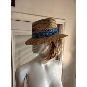 Straw hat with blue floral band Large